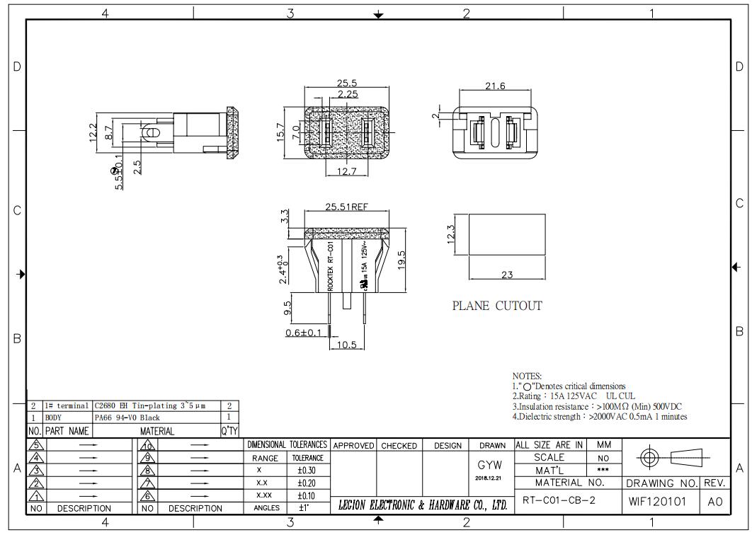 SPECIFICATION Rating: 15A 125VAC Contact resistance:50m Q Max Insulation resistance:100M Q(Min)500VDC Dielectric Strength:2000VAC 0.5mA 1minutes Hardware materials: phosphor copper, stainless steel, brass, red copper Plastic materials: Taiwan Changchun PBT, Changchun Jinfa PA66, Changchun Jinfa PA10T, Baoli LCP Electroplating: gold plating, silver plating, nickel plating Product application: household appliances such as Rice cooker Color customization: customizable according to customer requirements